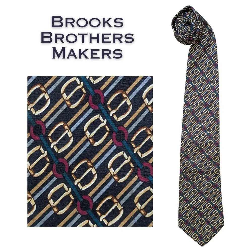 Brooks Brothers Makers Silk Tie Navy Gold Stripe Equestrian Handmade Vintage 80s